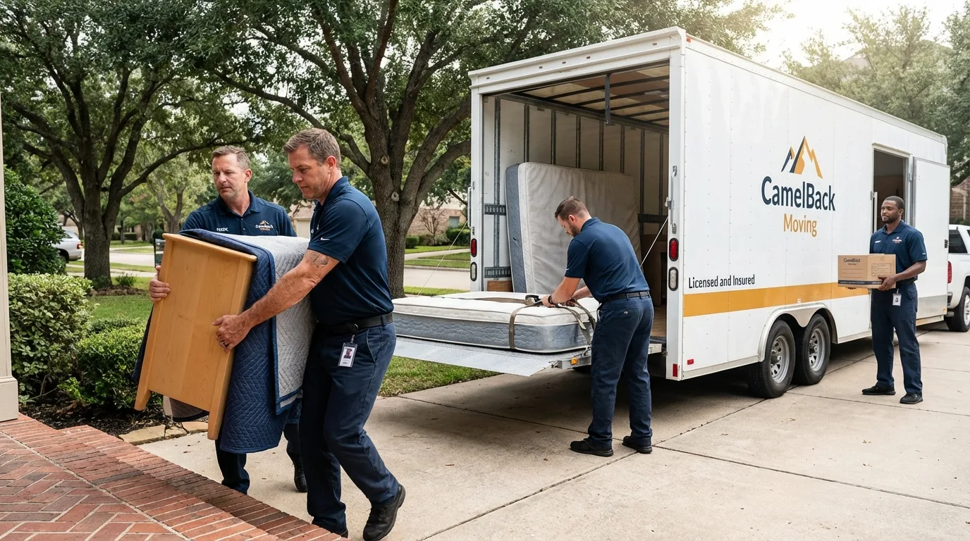 Crew loading residential truck for cross-state move from Flora, IL
