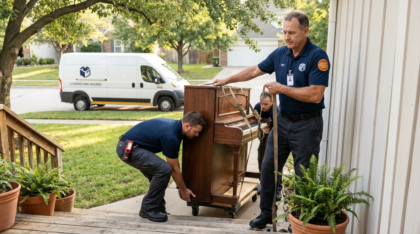 Licensed piano movers securing grand piano in Flora, IL