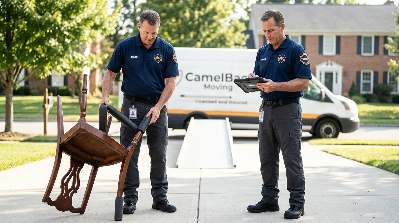 Movers inspecting furniture for damage prevention before loading in Flora, IL