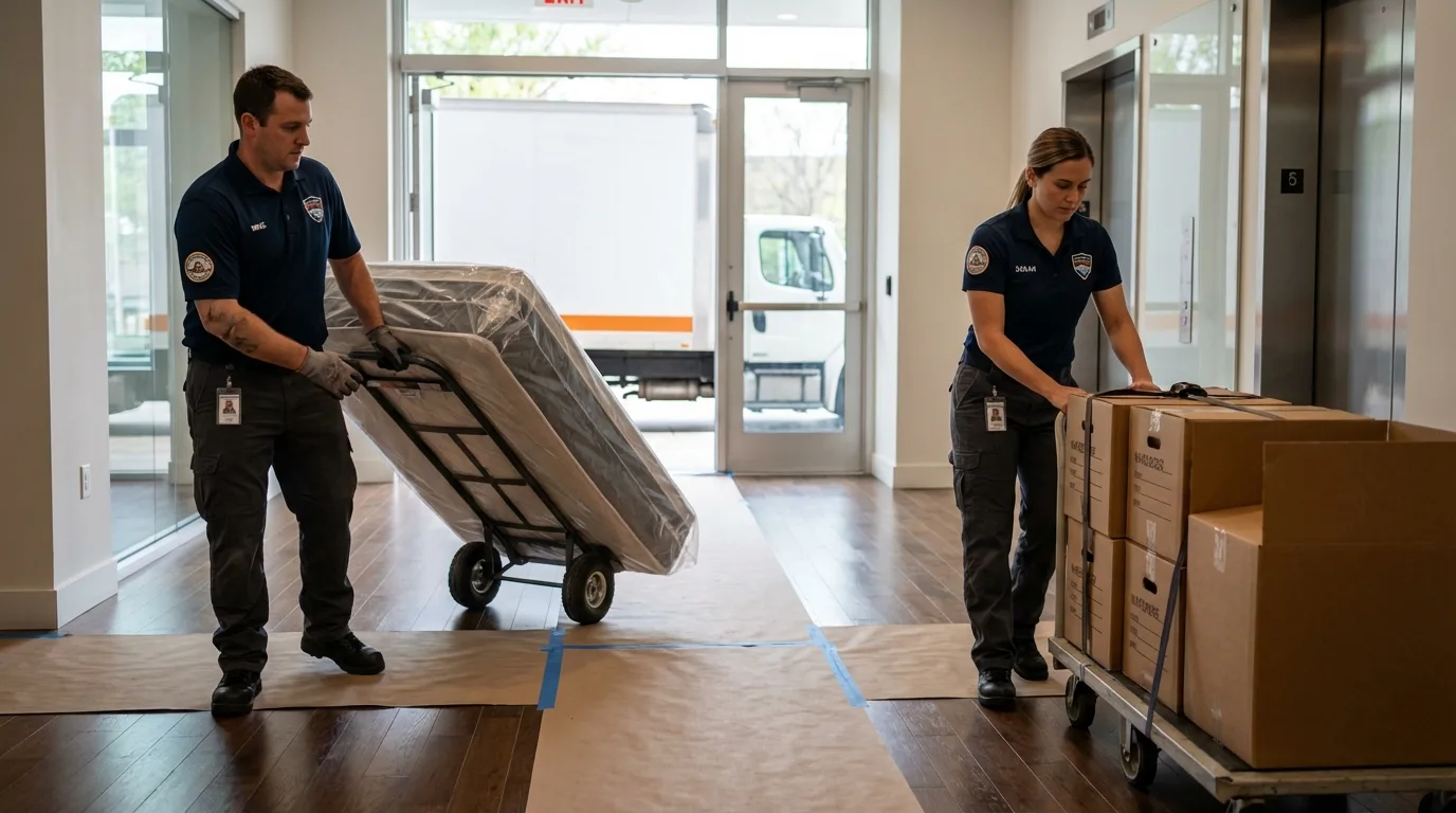 Professional apartment movers loading elevator in Flora, IL