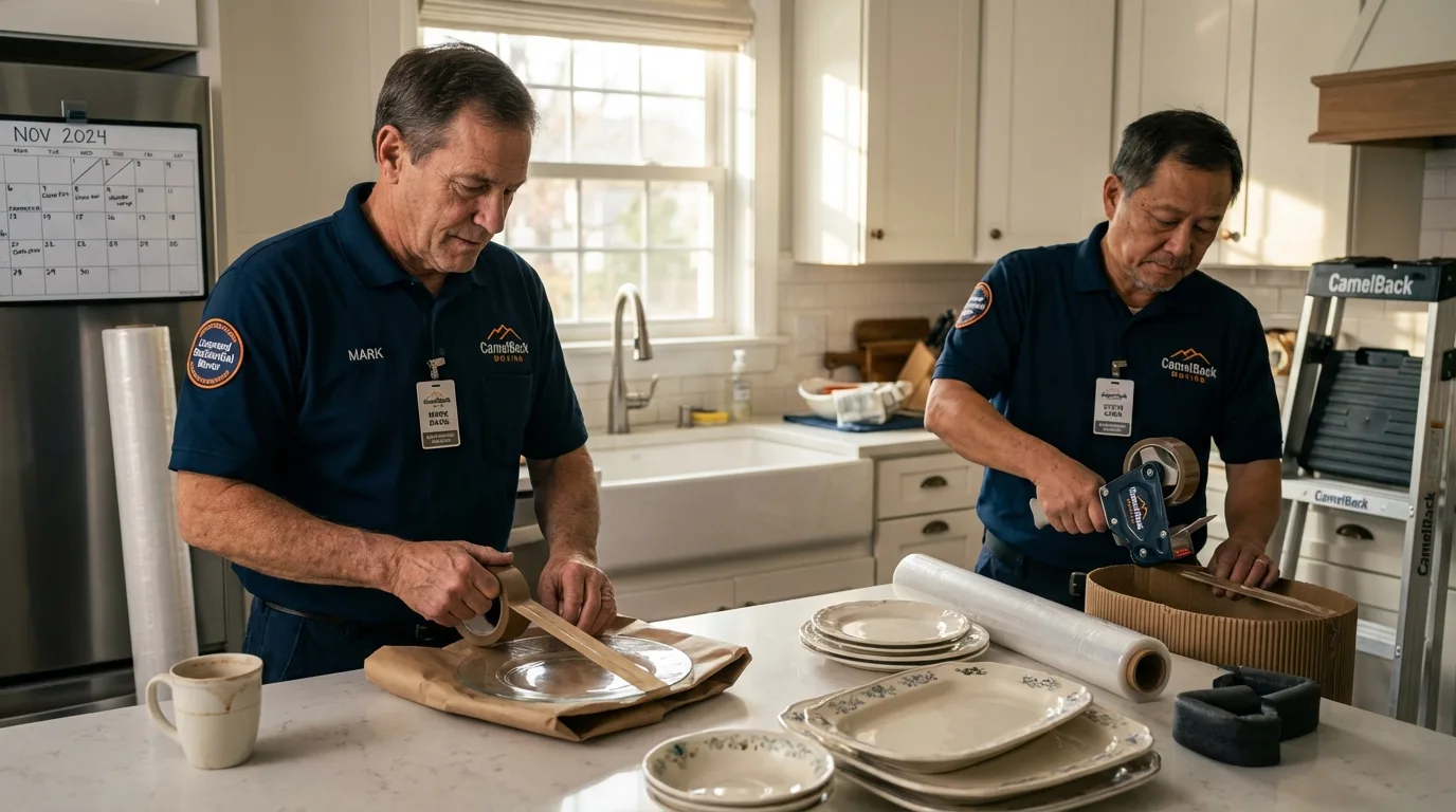 Professional crew packing kitchen dishware in Flora, IL